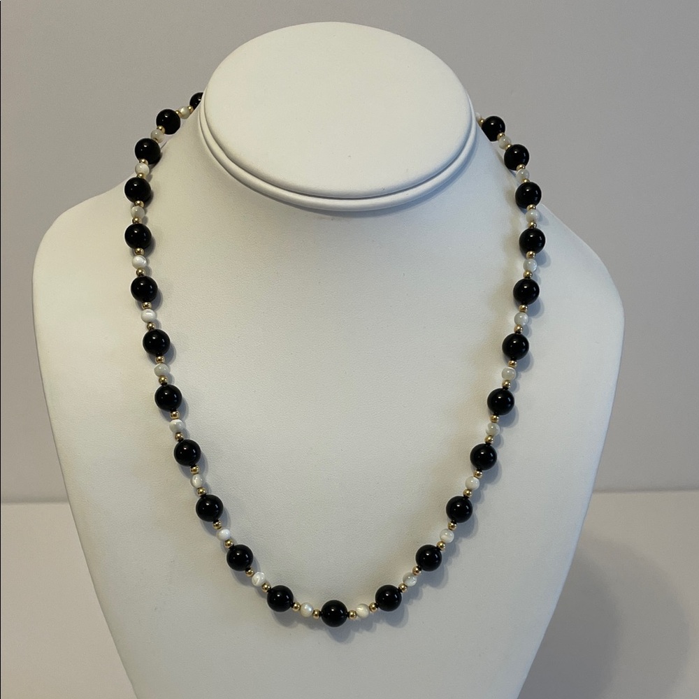 Vintage Black, White And 14K Yellow Gold Bead Necklace